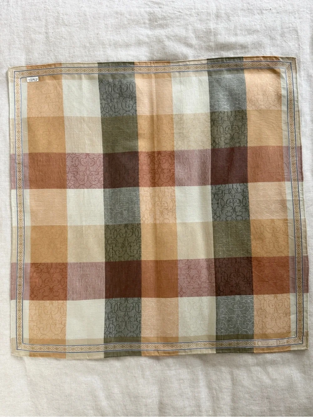 Vintage Dior Jacquard Woven Plaid Cotton Linen Bandana Scarf Made in Japan